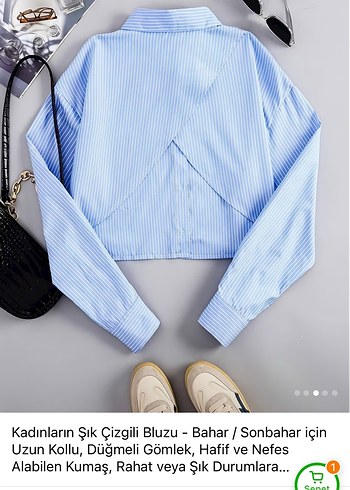 Kadın Mavi Çizgili Uzun Kollu V Yaka Gömlek - Görsel 4