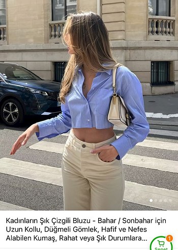 Kadın Mavi Çizgili Uzun Kollu V Yaka Gömlek - Görsel 2