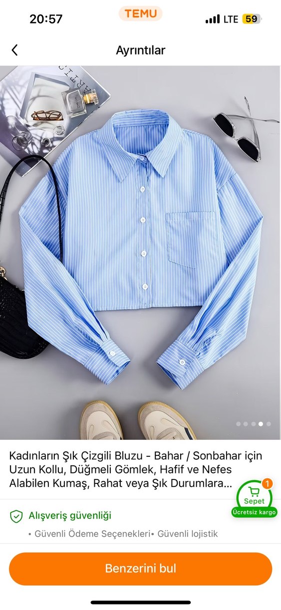 Kadın Mavi Çizgili Uzun Kollu V Yaka Gömlek - Görsel 5