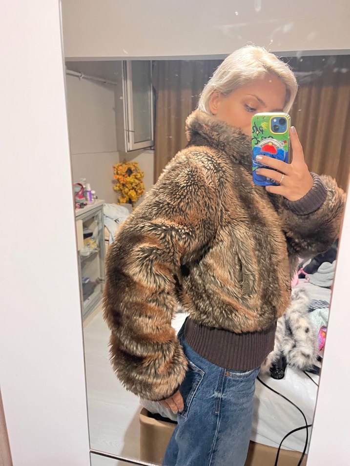 Kahverengi Midi Boy Kadın Kürk ceket - Görsel 3