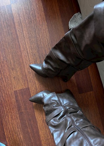 Kahverengi özel tasarım dizüstü deri çizme gizli topuk - Görsel 9