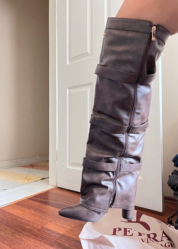 Kahverengi özel tasarım dizüstü deri çizme gizli topuk - Görsel 6