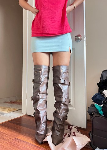 Kahverengi özel tasarım dizüstü deri çizme gizli topuk - Görsel 2