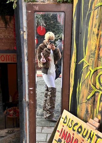 Kahverengi özel tasarım dizüstü deri çizme gizli topuk - Görsel 10