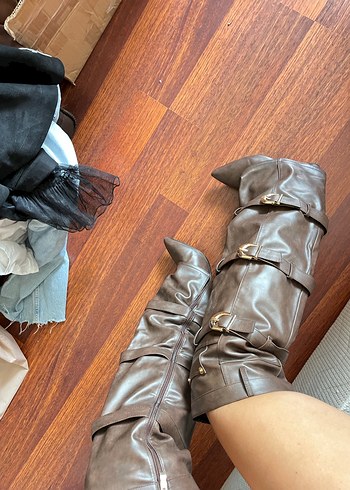 Kahverengi özel tasarım dizüstü deri çizme gizli topuk - Görsel 7