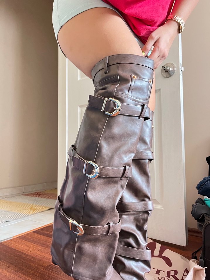 Kahverengi özel tasarım dizüstü deri çizme gizli topuk - Görsel 3