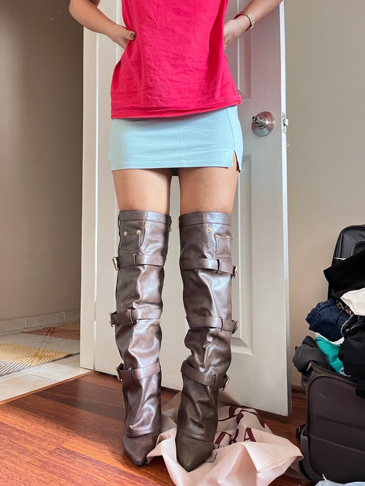 Kahverengi özel tasarım dizüstü deri çizme gizli topuk - Görsel 2