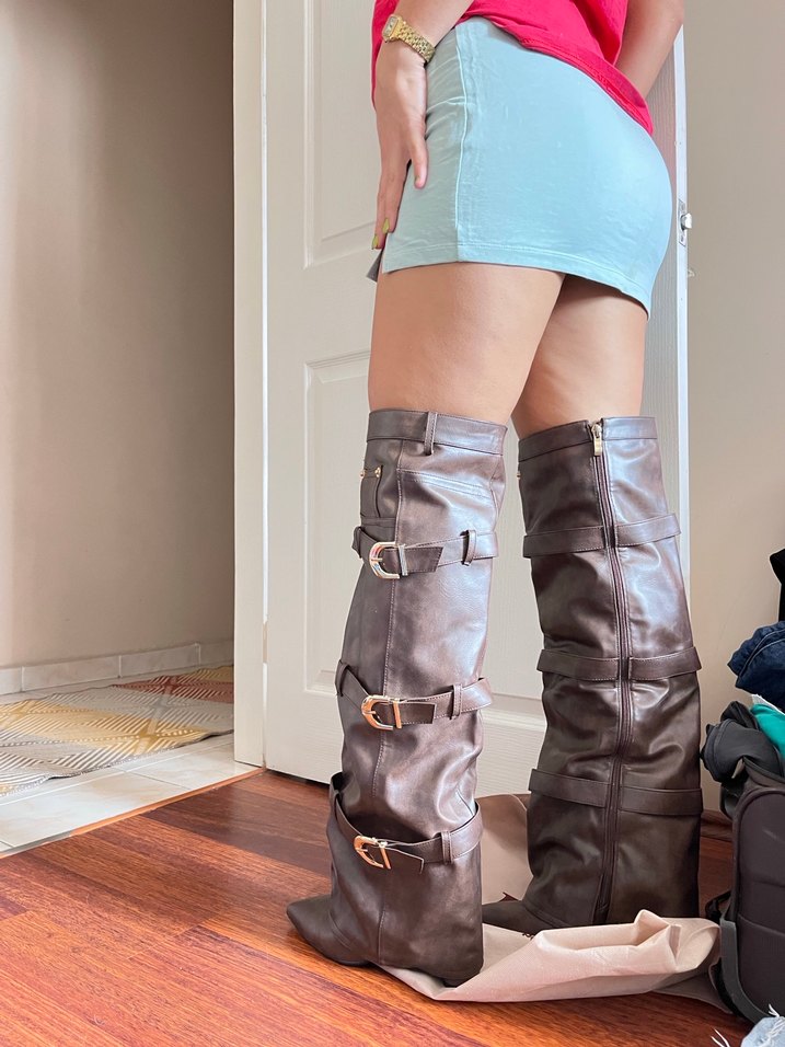 Kahverengi özel tasarım dizüstü deri çizme gizli topuk - Görsel 4