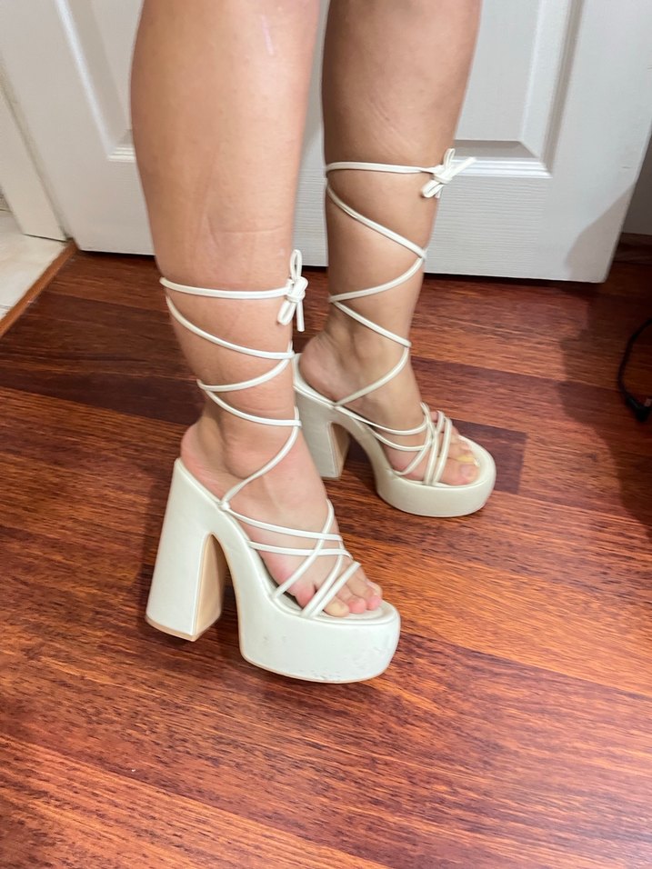 Beyaz Platform Topuklu Bağcıklı Kadın Ayakkabı - Görsel 4