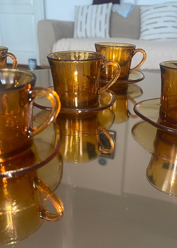 Antika Koyu Bej Cam Kahve Fincanı ve Tabağı - Görsel 3