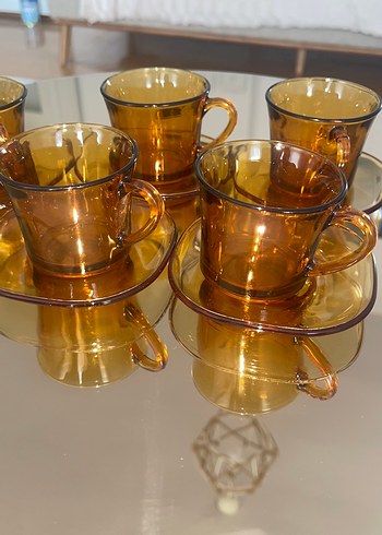 Antika Koyu Bej Cam Kahve Fincanı ve Tabağı - Görsel 2