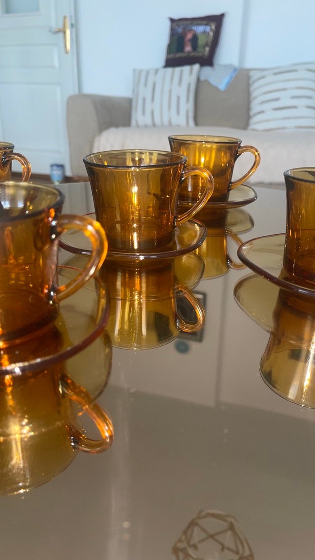 Antika Koyu Bej Cam Kahve Fincanı ve Tabağı - Görsel 3