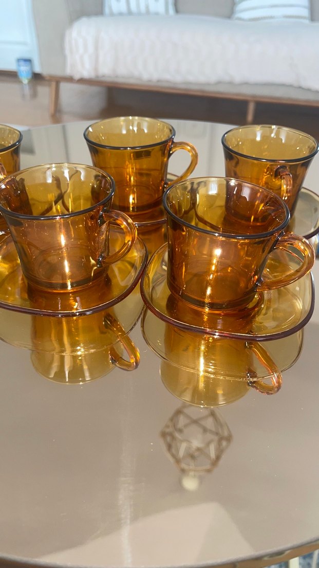 Antika Koyu Bej Cam Kahve Fincanı ve Tabağı - Görsel 2