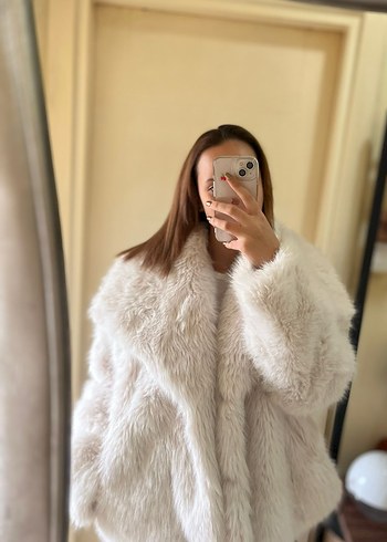 Kadın Beyaz Midi Peluş Suni Kürk Ceket