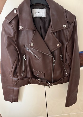 Kahverengi Deri Kemerli Biker Ceket