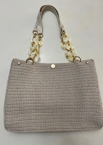 Zincir Detaylı Bej Örgü Kadın Çanta - Görsel 3