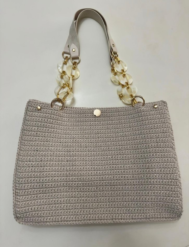 Zincir Detaylı Bej Örgü Kadın Çanta - Görsel 3