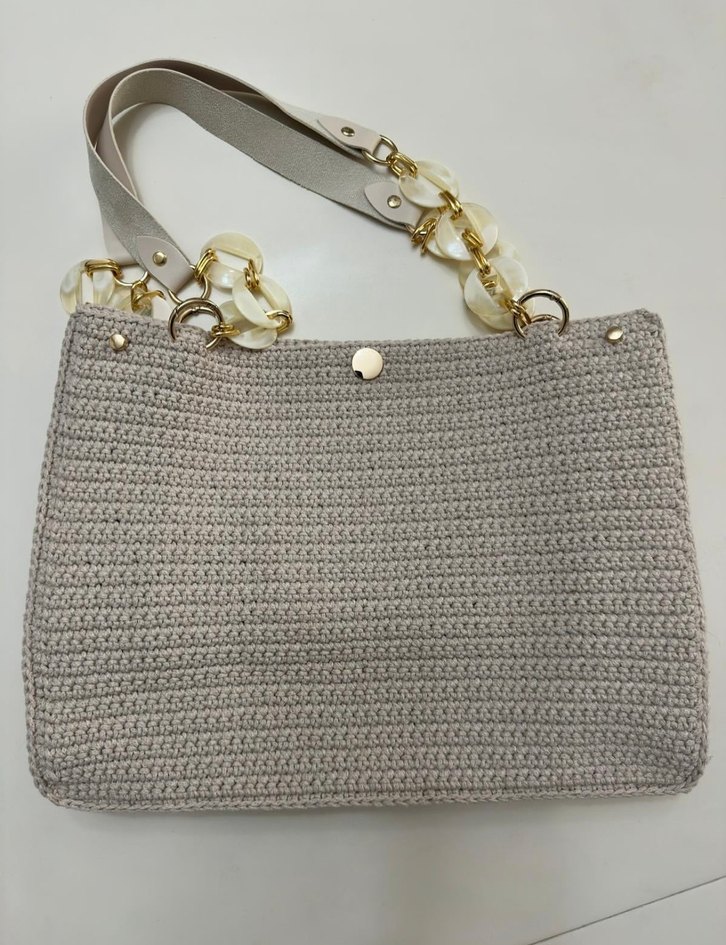 Zincir Detaylı Bej Örgü Kadın Çanta - Görsel 4