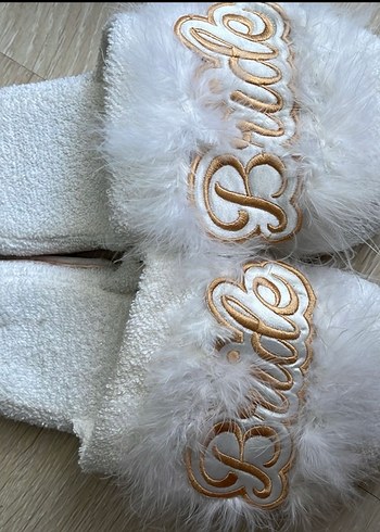 Beyaz Nakışlı gelin damat Terlikler Velcro - Görsel 2