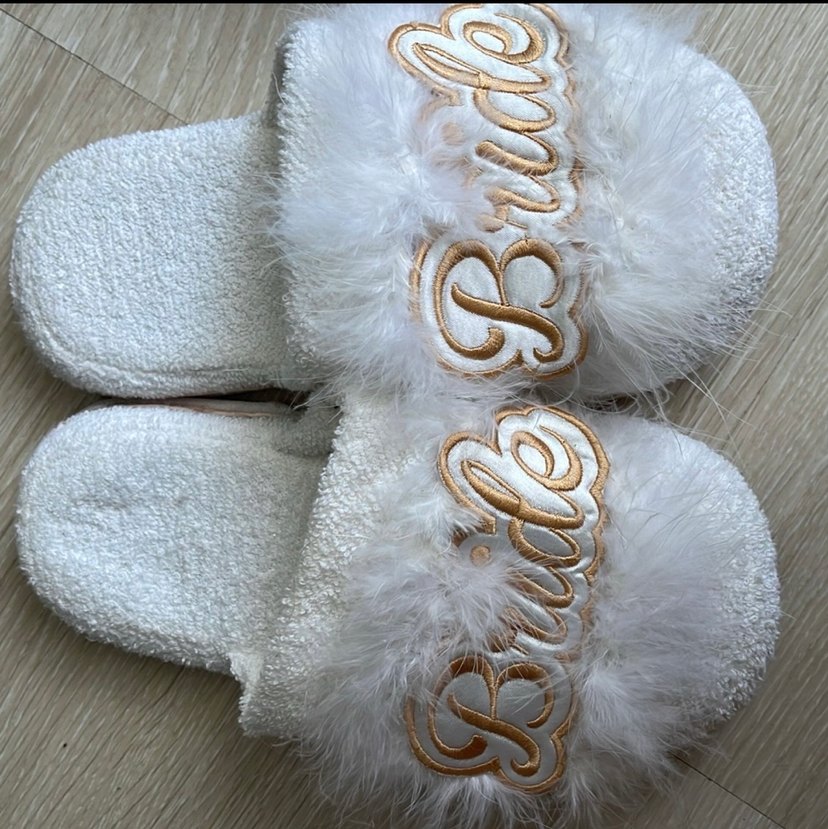 Beyaz Nakışlı gelin damat Terlikler Velcro - Görsel 2