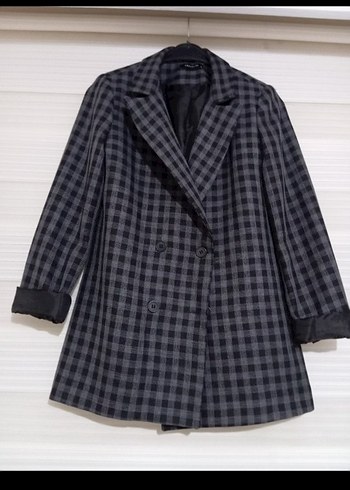 Kadın Gri Kareli Düğmeli Midi Blazer