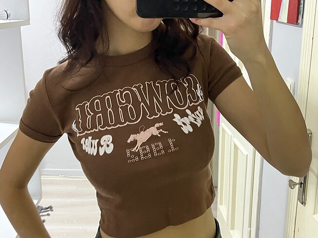 m Beden kahverengi cowgirl baskili crop