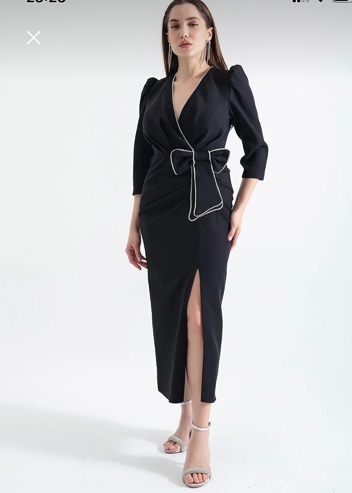 Kruvaze yaka midi abiye - Görsel 2