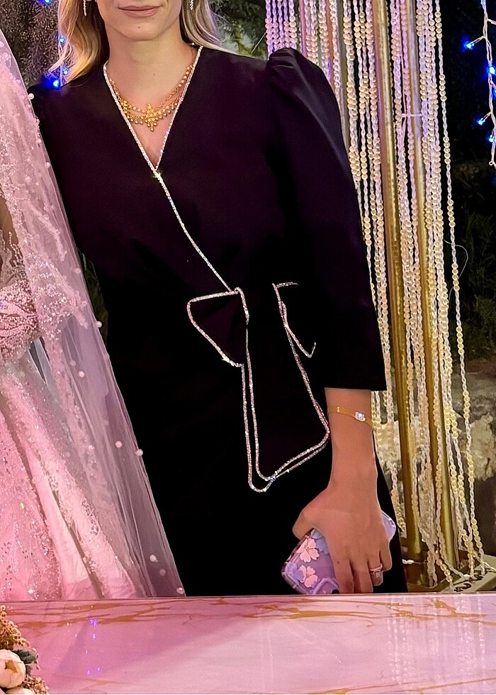 Kruvaze yaka midi abiye - Görsel 3