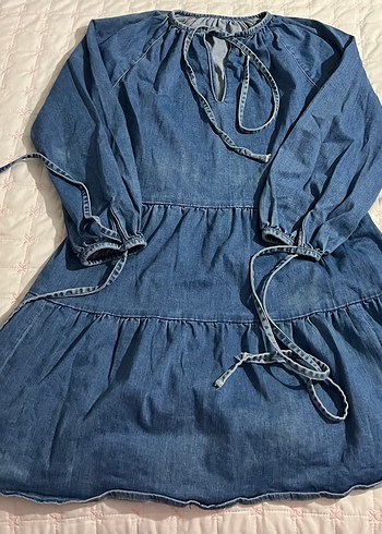 Zara Mavi Denim Bagcikli Uzun Kollu Elbise