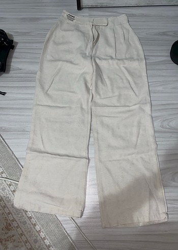 Bej Kadın Keten Geniş Paça Pantolon