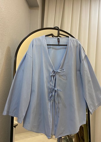 Mavi Kadın Keten Kimono V Yaka