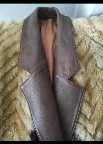 Kahverengi Deri Kürk Detaylı Uzun Biker ceket - Görsel 5