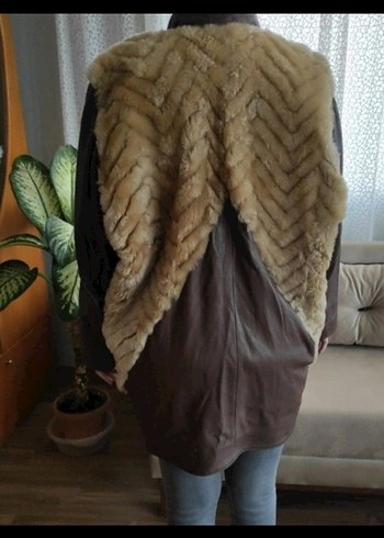 Kahverengi Deri Kürk Detaylı Uzun Biker ceket - Görsel 3