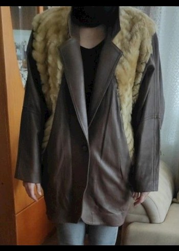 Kahverengi Deri Kürk Detaylı Uzun Biker ceket - Görsel 2