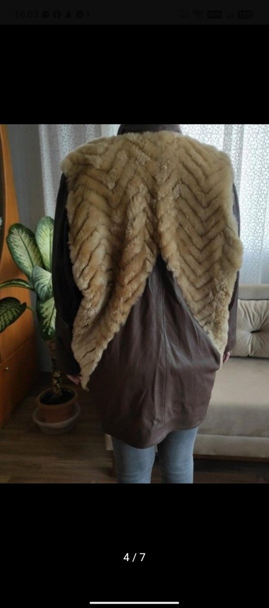 Kahverengi Deri Kürk Detaylı Uzun Biker ceket - Görsel 3