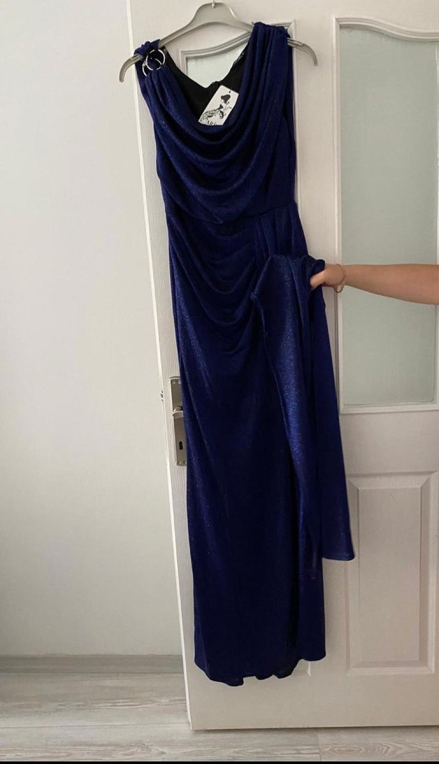 Lacivert Uzun Drapeli Kolsuz Abiye Elbise - Görsel 2