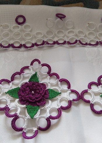 Mor Çiçekli Bohem Dantel Motif  havlu kenar ve üstü çeyiz - Görsel 3