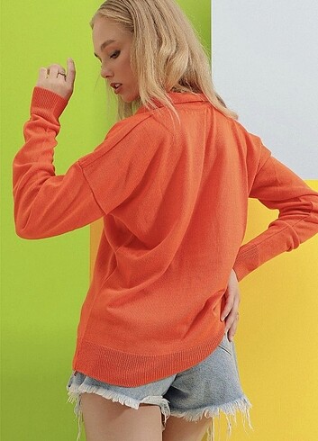 universal Beden turuncu Renk Kadın Turuncu Polo Yaka Sweatshirt Basic Mevsimlik