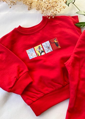 Unısex Kırmızı Baskılı Sweatshirt ve Eşofman Takımı - Görsel 3