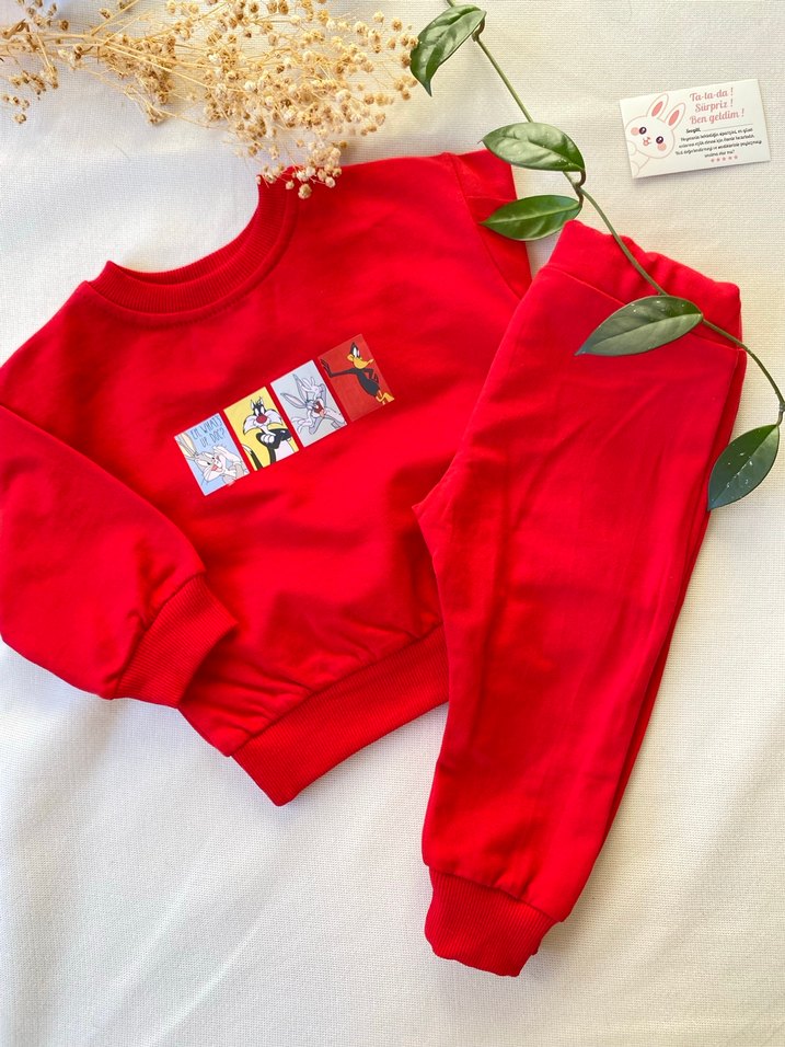 Unısex Kırmızı Baskılı Sweatshirt ve Eşofman Takımı - Görsel 4