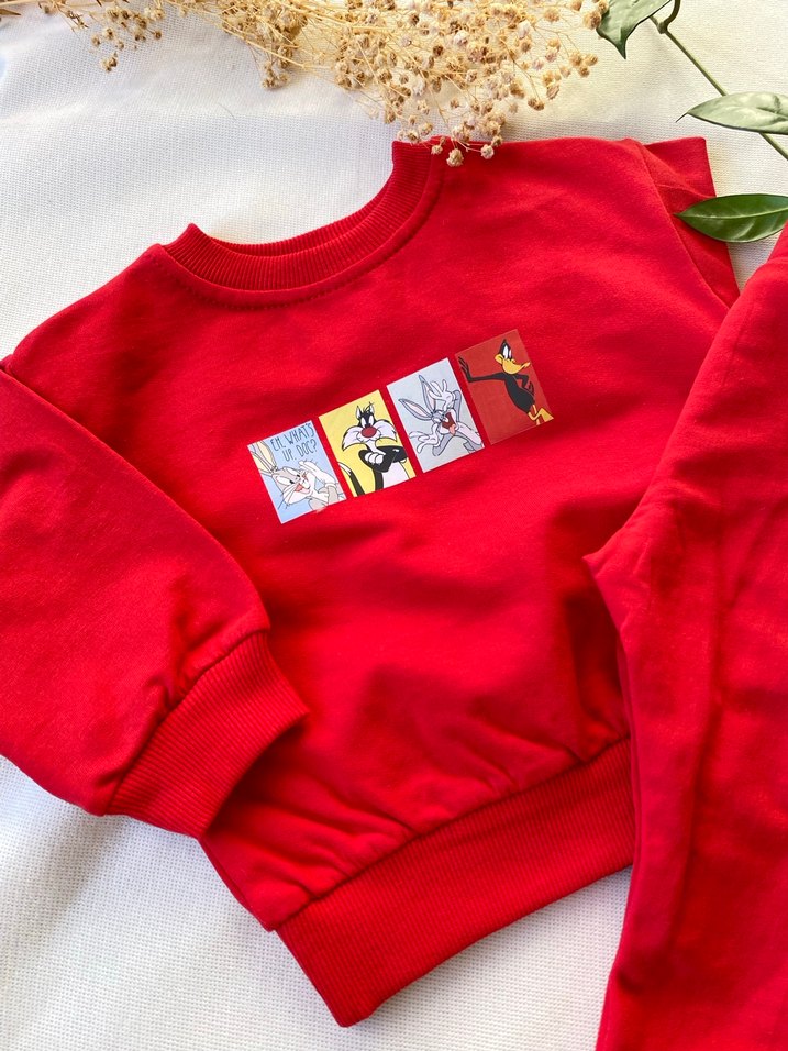 Unısex Kırmızı Baskılı Sweatshirt ve Eşofman Takımı - Görsel 3