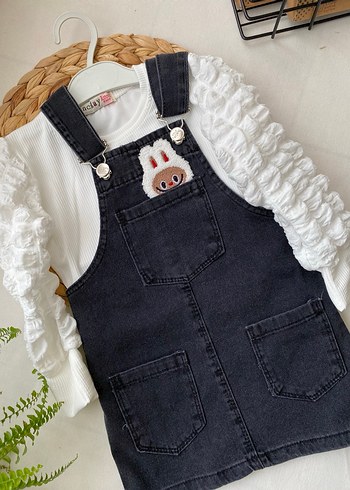 Kız Çocuk siyah Denim Tulum Renkli Nakışlı - Görsel 4