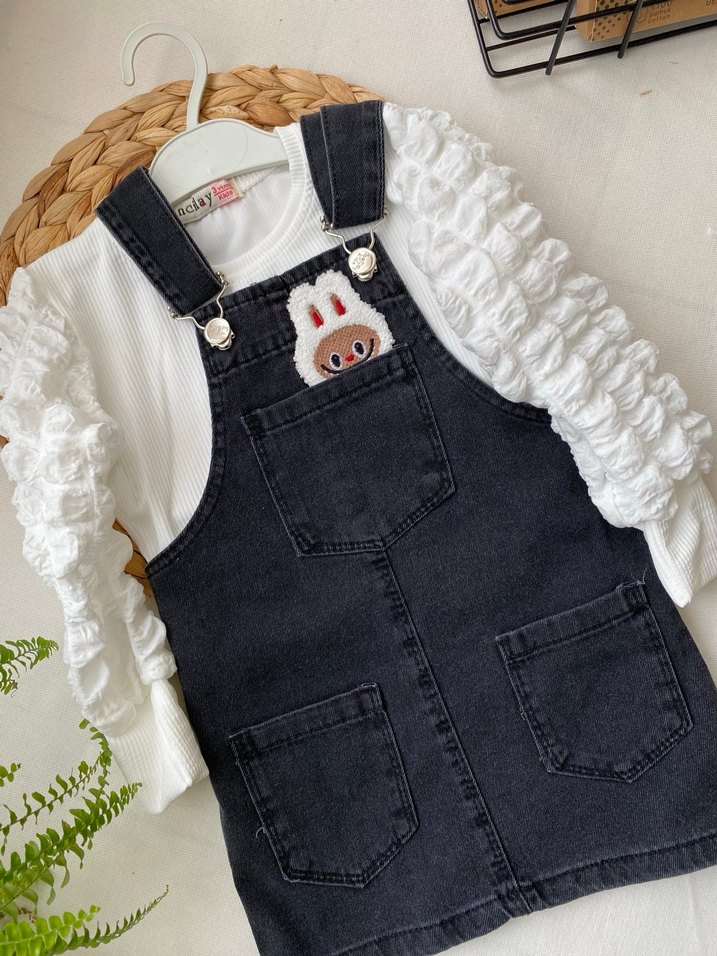 Kız Çocuk siyah Denim Tulum Renkli Nakışlı - Görsel 4