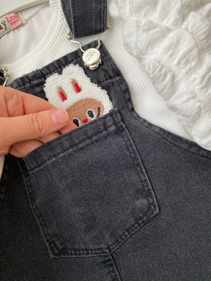 Kız Çocuk Nakışlı Denim Salopet Elbise - Görsel 2