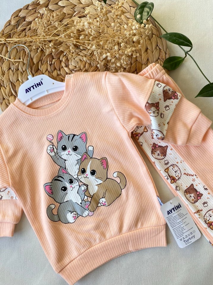 Renkli Baskılı Pembe Uzun Kollu Bebek Takımı - Görsel 2