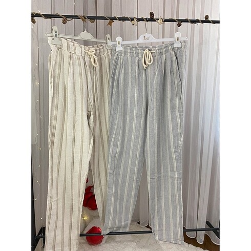 l/xl Beden Bel ipli mavi ve krem keten pantolon