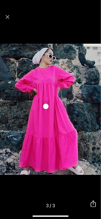 Fuşya Pembe uzun kolları bağlamalı elbise