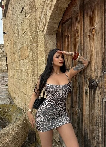 Leopar İp Askılı Desenli Mini Elbise