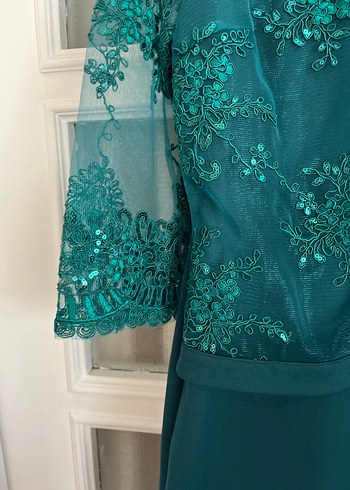 İşlemeli Boncuk Detaylı Turkuaz Midi Elbise - Görsel 5