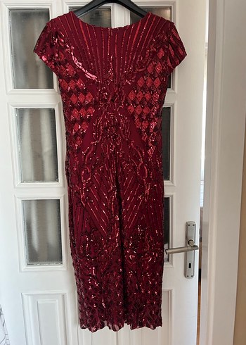 Bordo Payetli V Yaka Midi Abiye Elbise - Görsel 5